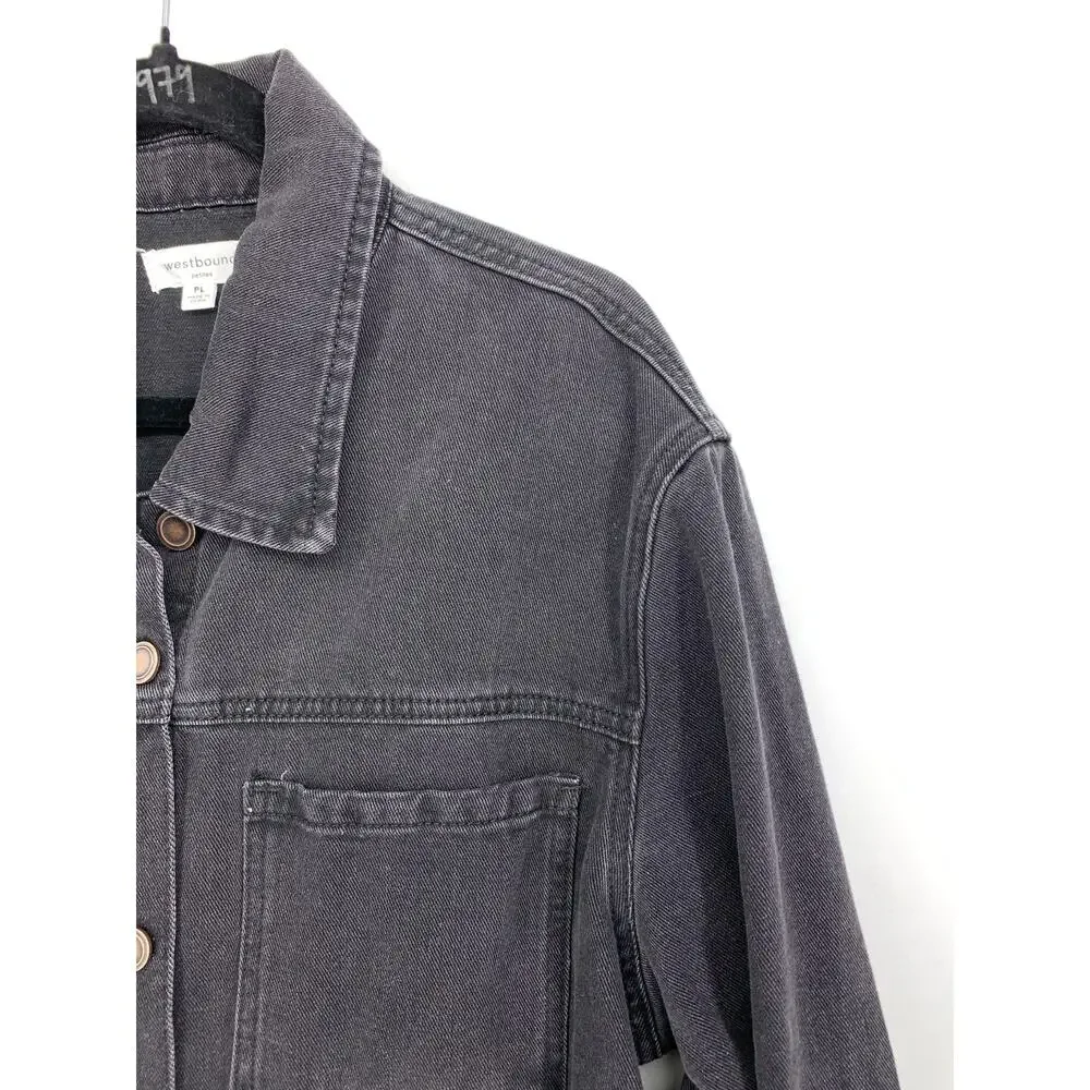 Westbound Petites Denim Jacket Womens PL Raw Hem Washed Black Oversized NEW